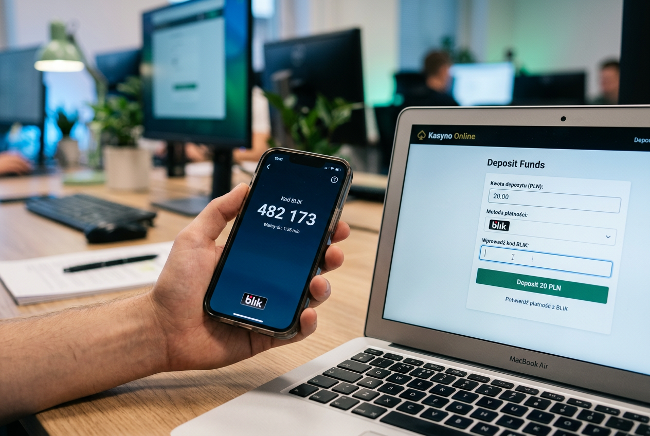 Grafika przedstawiająca proces wpłaty depozytu 20 PLN BLIK w kasynie online na smartfonie