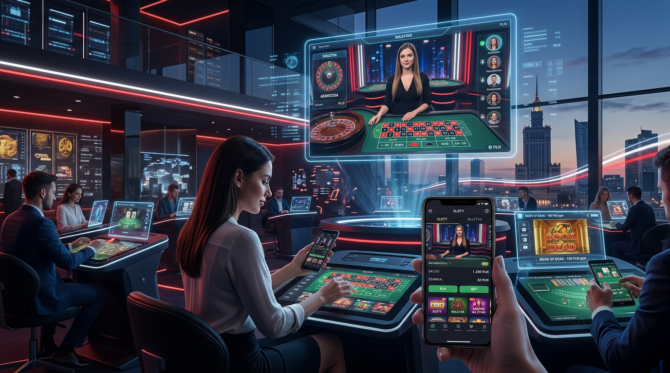 Futuristic digital casino ecosystem in Poland 2026 with live dealers and mobile gaming