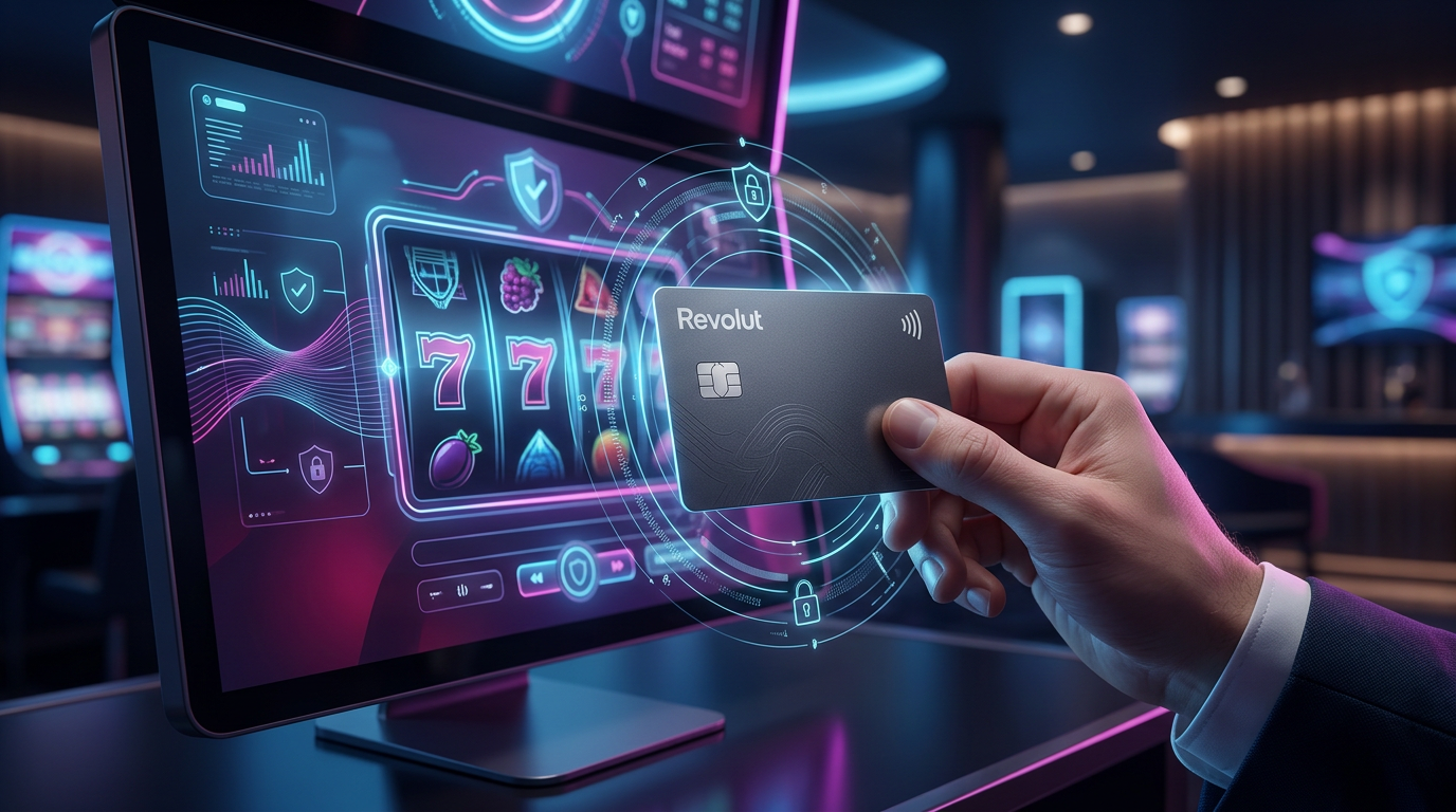 Karta Revolut Metal przed nowoczesnym interfejsem kasyna online - bezpieczne płatności.