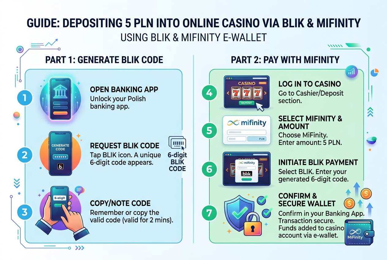 Infografika przedstawiająca proces wpłaty 5 zł BLIK do kasyna poprzez system MiFinity