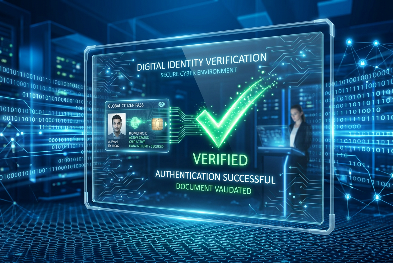 Digital KYC verification process with biometric ID and shield icons
