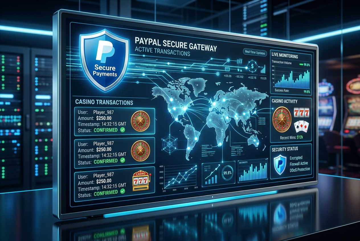 Interfejs cyfrowy płatności PayPal z ikonami kasyna w tle